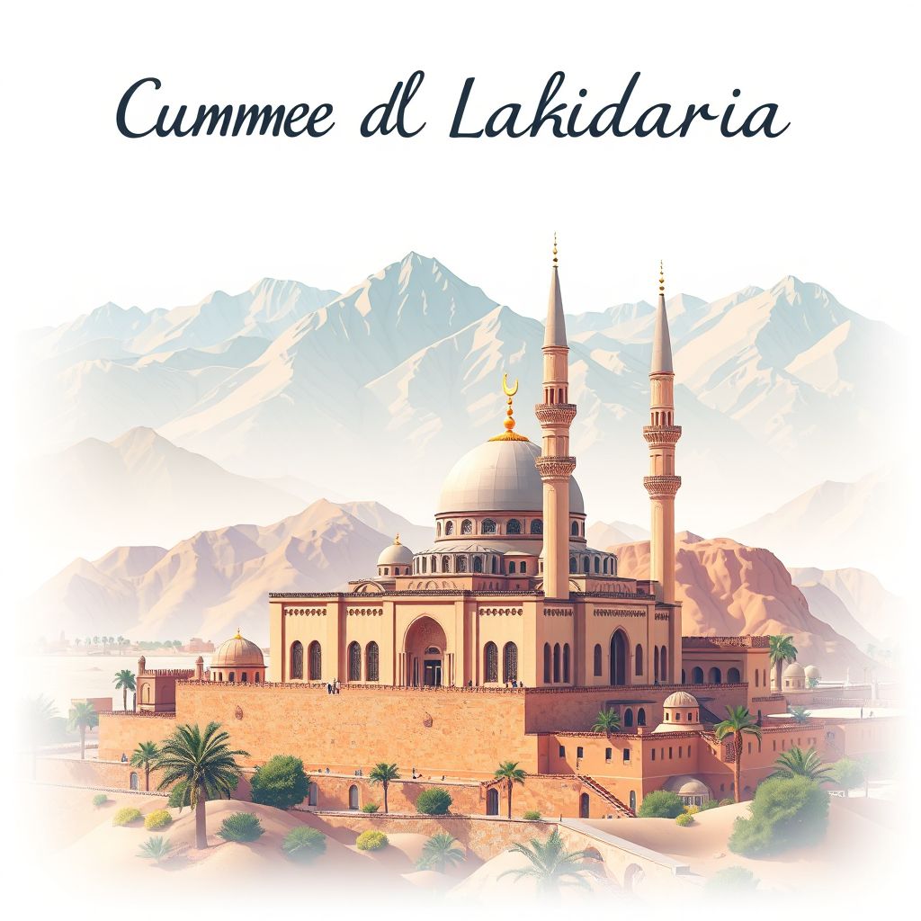 Ultra-high-definition gradient illustration style Commune de Lakhdaria illustration, showing the unique charm of the Lakhdaria Mosque and surrounding mountains.
