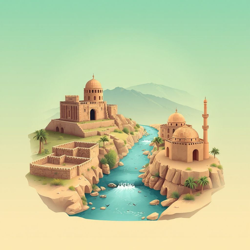 Ultra-high-definition gradient illustration style Commune de Lahlaf illustration, showing the unique charm of the historic ruins of Tiddis and the Oued Ghiou River.