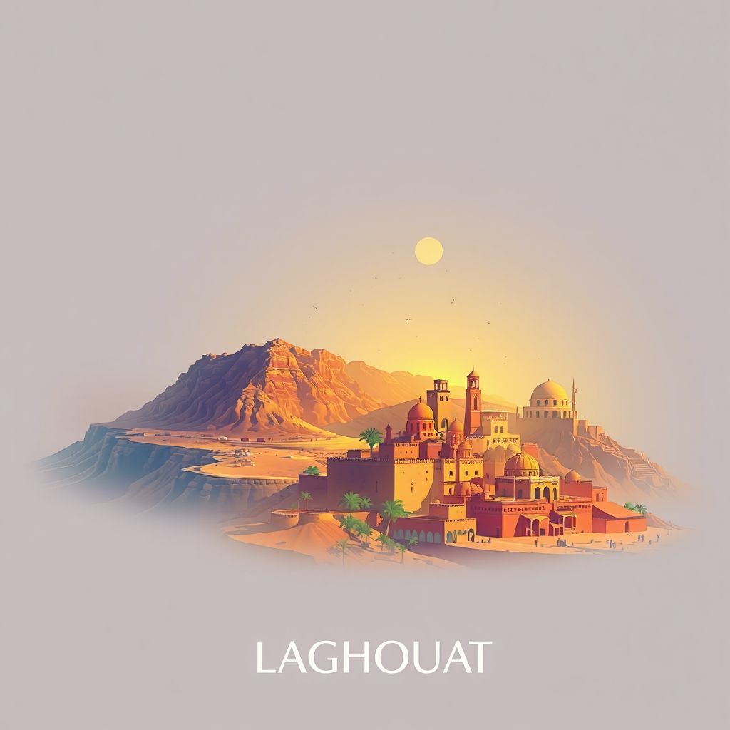 Ultra-high-definition gradient illustration of Laghouat, featuring the historic M'Zab Valley and the ancient city of Ghardaia.