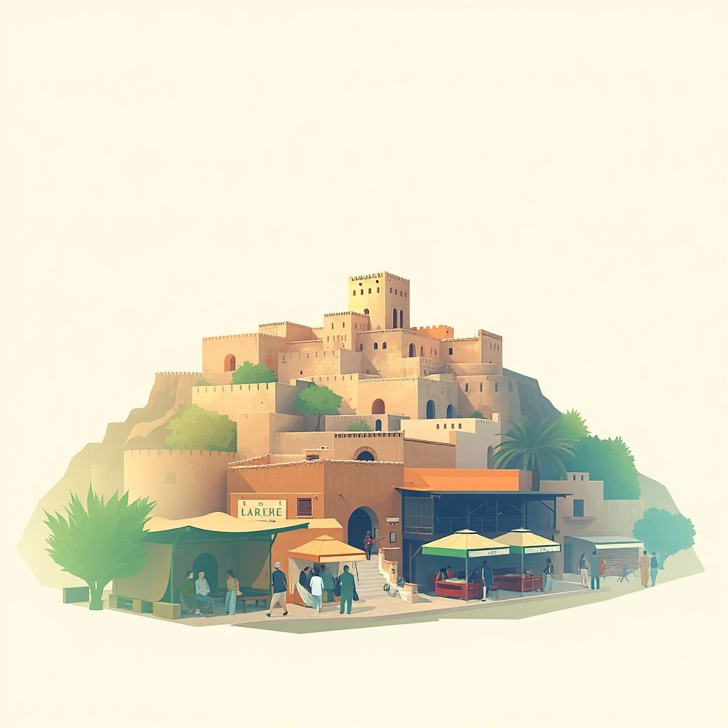 Ultra-high-definition gradient illustration of Commune de Ksar Sbahi, featuring the historic Kasbah and local market.