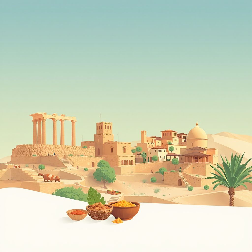 Ultra-high-definition gradient illustration of Daira de Ksar el Boukhari, Medea, Algeria, featuring the ancient ruins of the Roman Empire and Ksar El Boukhari town.