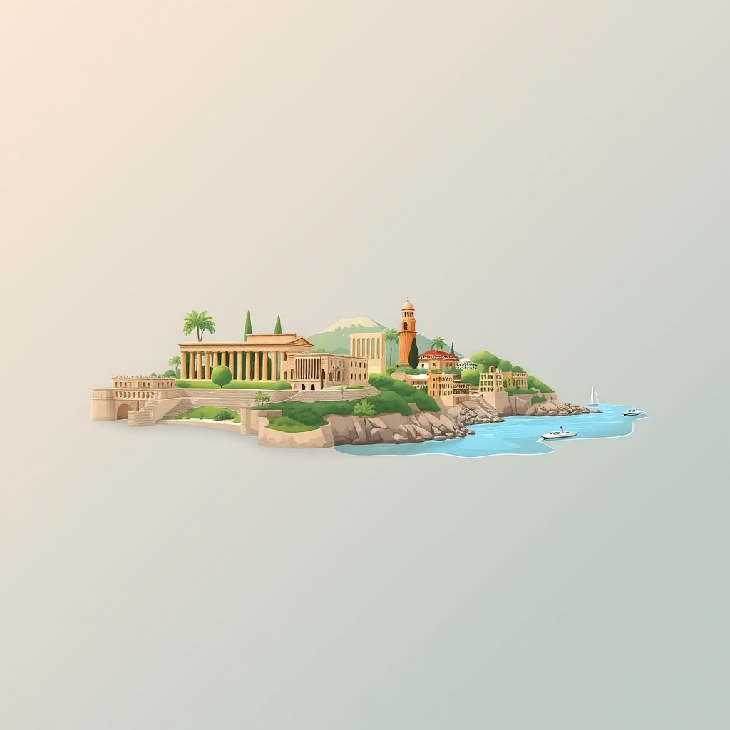 Ultra-high-definition gradient illustration style Commune de Kolea illustration, showing the unique charm of the Tipaza Archaeological Park, the Roman ruins, and the Mediterranean coastline.