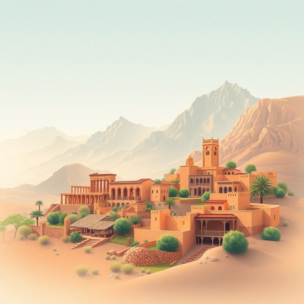 Ultra-high-definition gradient illustration of Khenchela, Wilaya de Khenchela, Algeria, featuring the ancient Roman ruins of M'sila and the Aurès Mountains.