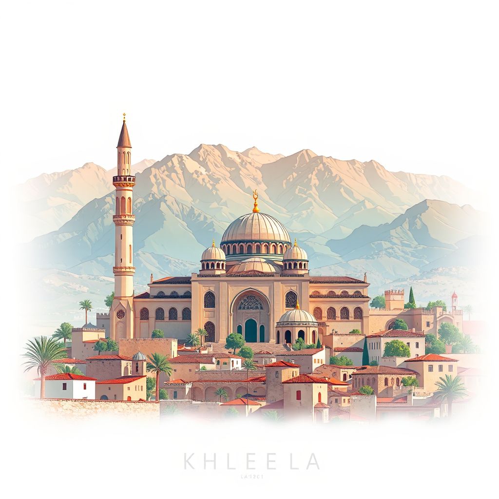 Ultra-high-definition gradient illustration of Commune de Khenchela, featuring the Khenchela Mosque and Aurès Mountains.