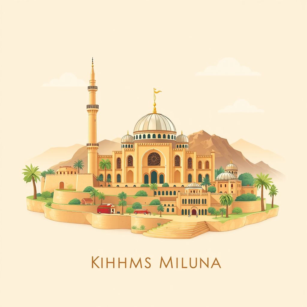 Ultra-high-definition gradient illustration style Commune de Khemis Miliana illustration, showing the unique charm of the Ain Defla Mosque and the beautiful landscapes of the region.