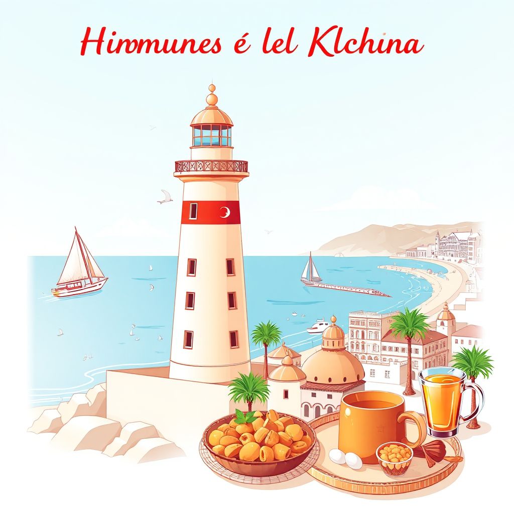 Ultra-high-definition gradient illustration of Commune de Khemis el Khechna, featuring the Boumerdes Lighthouse and coastal views.