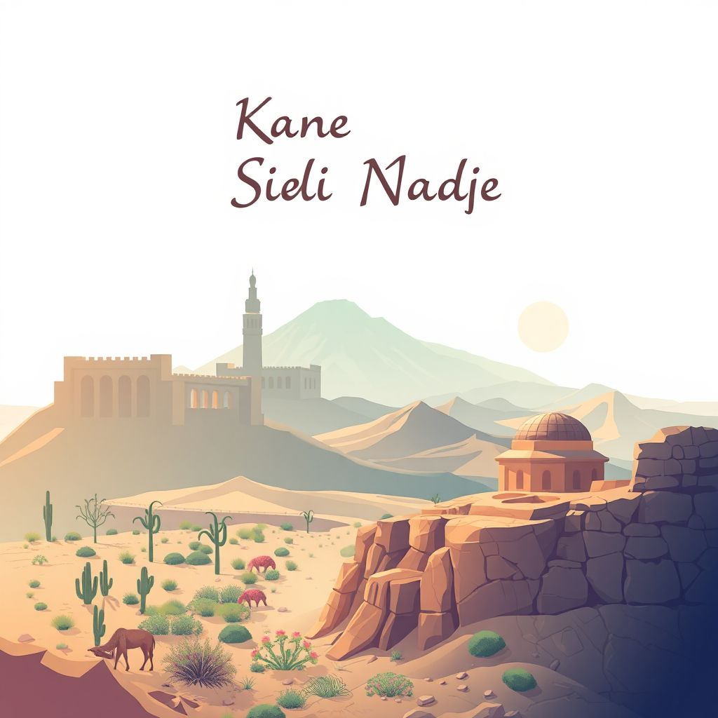 Ultra-high-definition gradient illustration style Commune de Khangat Sidi Nadji illustration, showing the unique charm of the ancient ruins of Timgad, the Sahara Desert, and traditional Algerian couscous.
