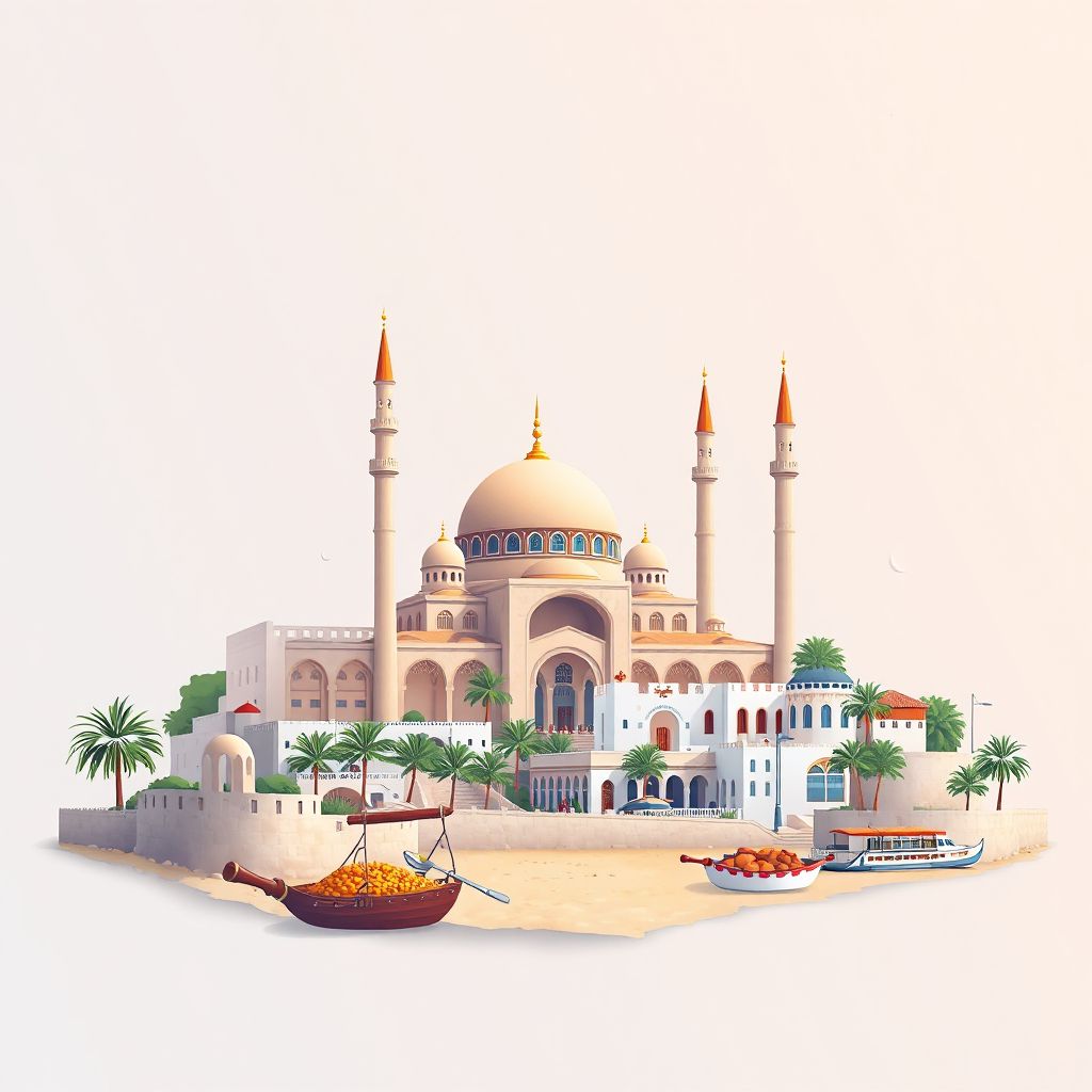 Ultra-high-definition gradient illustration style Commune de Khadra illustration, showing the unique charm of the Mosque of Sidi Boumediene, the beautiful beaches of Mostaganem.