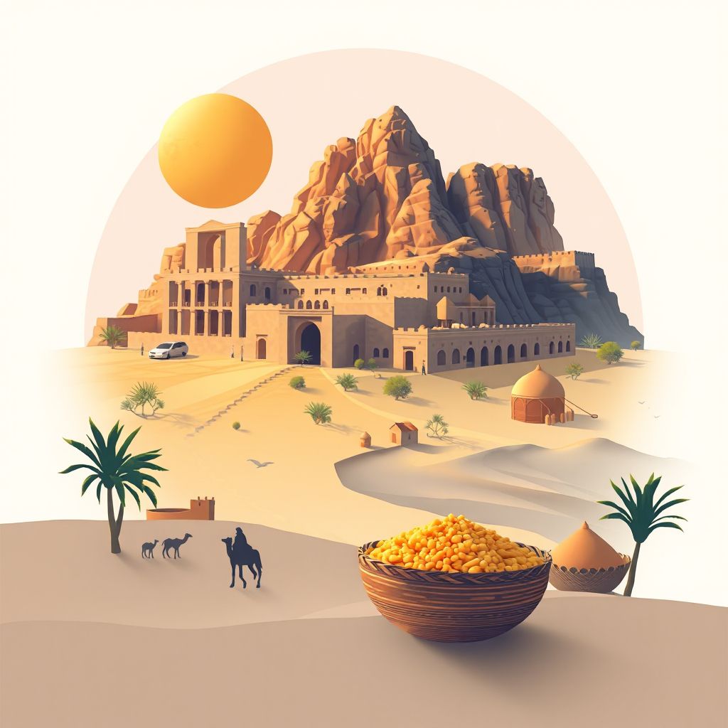 Ultra-high-definition gradient illustration style Commune de Kerzaz illustration, showing the unique charm of the historic ruins of Tassili n'Ajjer and the Sahara Desert.