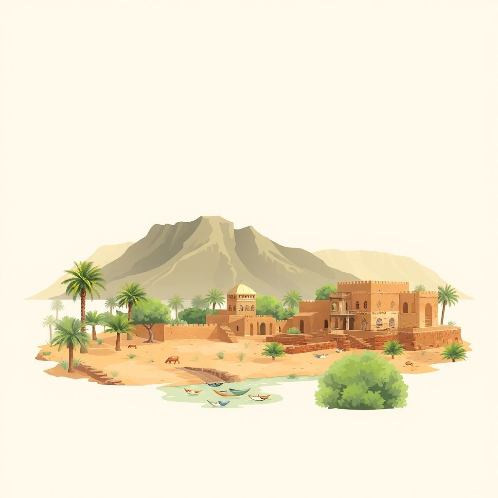Ultra-high-definition gradient illustration style Commune de Kenadsa illustration, showing the unique charm of the Kenadsa Oasis and the historic ruins of the ancient town.