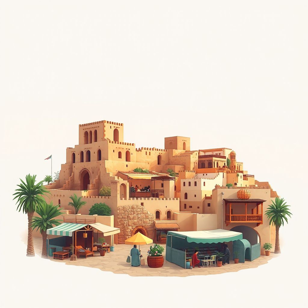 Ultra-high-definition gradient illustration style Commune de Kalaa illustration, showing the unique charm of the Kalaa des Beni Hammad ruins and the local traditional market.