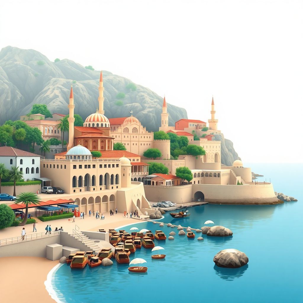 Ultra-high-definition gradient illustration of Jijel, Algeria, featuring Jijel Beach and historic Ottoman architecture.