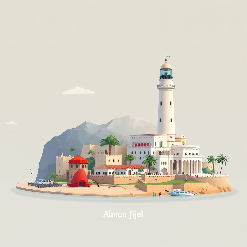 Ultra-high-definition gradient illustration style Commune de Jijel illustration, showing the unique charm of the Jijel Lighthouse, Jijel Beach, and the Jijel Museum.