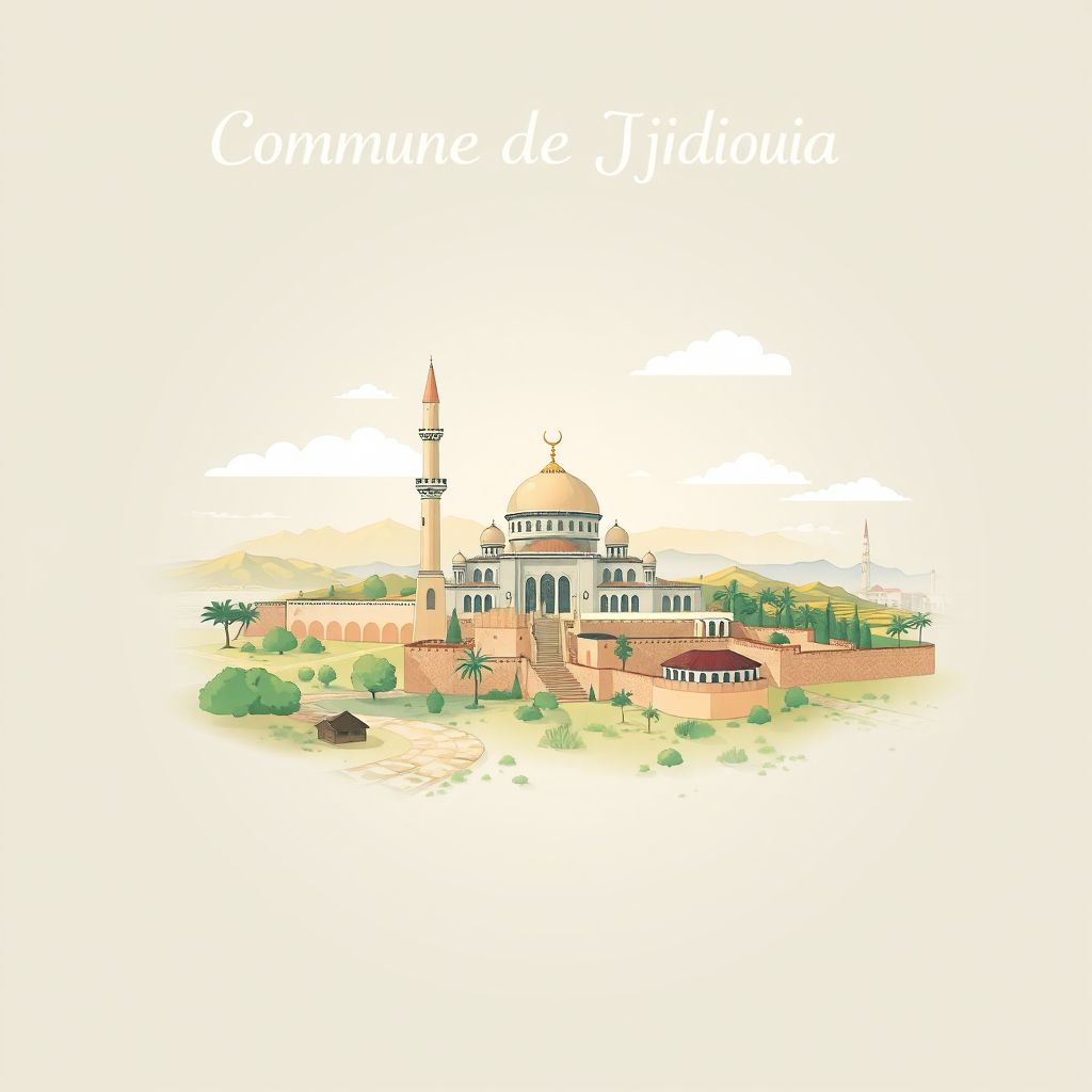 Ultra-high-definition gradient illustration style image of Commune de Jdiouia, featuring the Djidiouia Mosque and countryside landscapes.