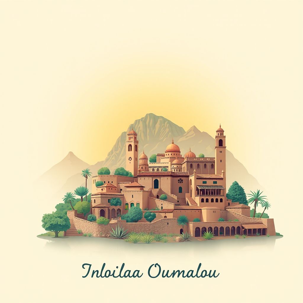 Ultra-high-definition gradient illustration style Commune d'Illoula Oumalou illustration, showing the unique charm of the Djurdjura National Park, and the traditional Berber architecture.