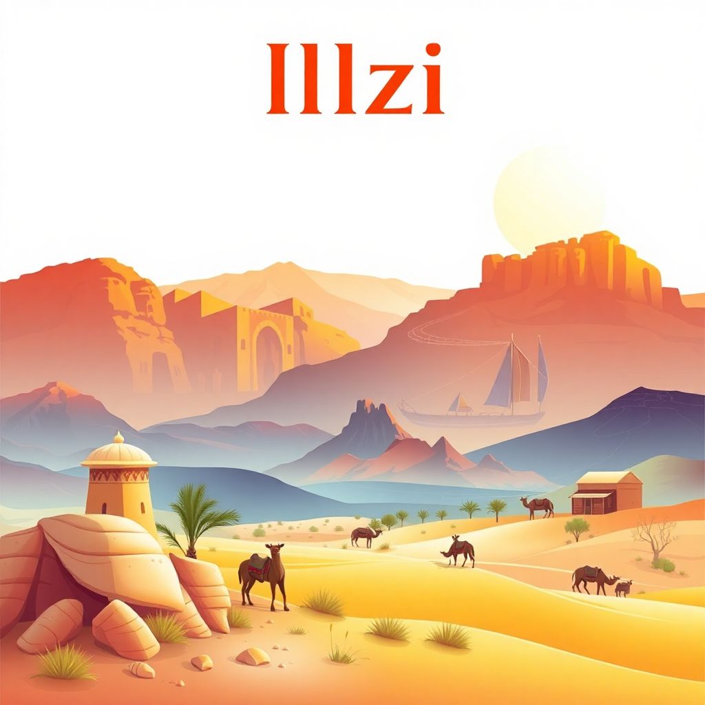 Ultra-high-definition gradient illustration of Illizi, Algeria, featuring Tassili n'Ajjer National Park, the Sahara Desert, ancient rock art, and Tuareg culture.
