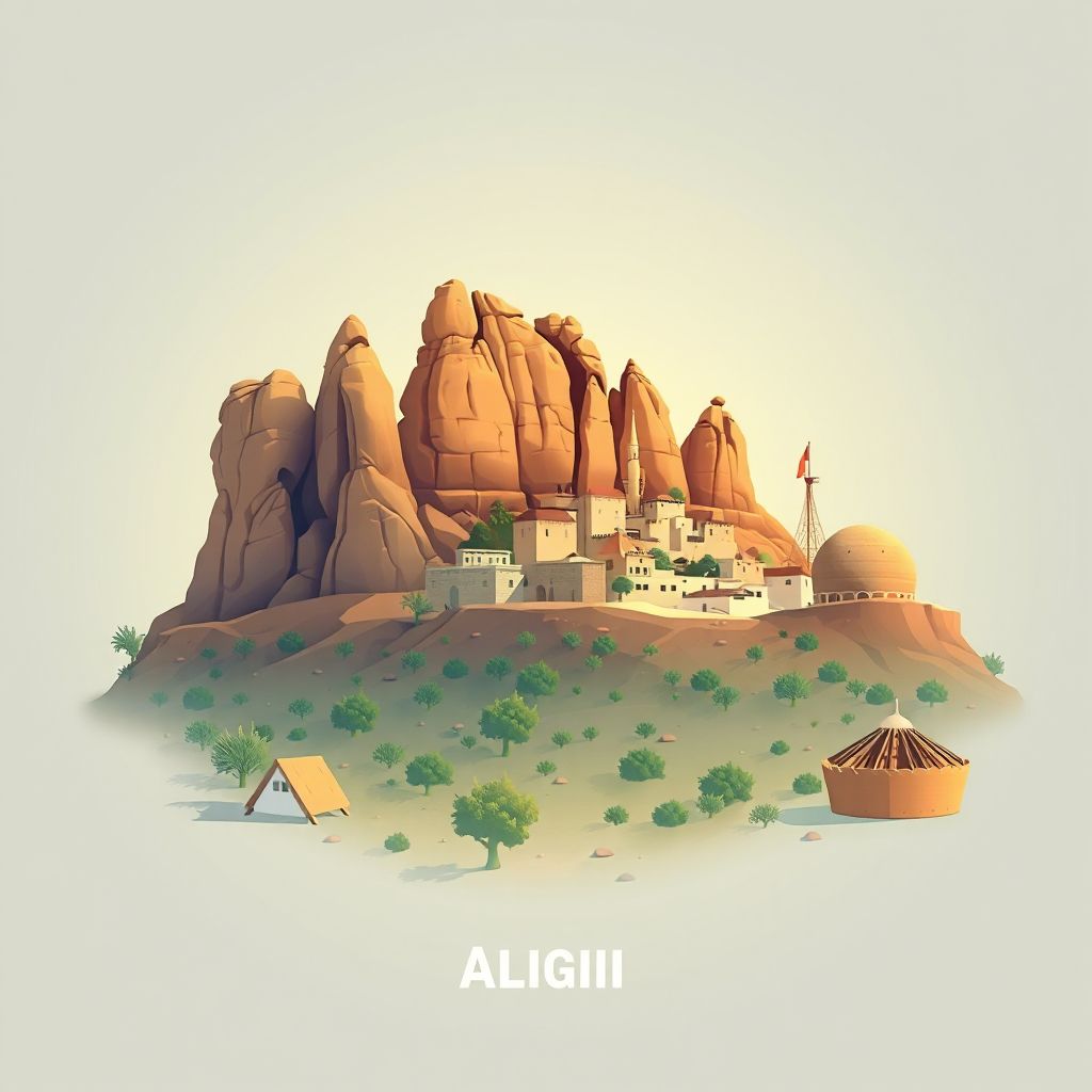 Ultra-high-definition gradient illustration style Commune d'Igli illustration, showing the unique charm of the Igli Rock Formations and Couscous.