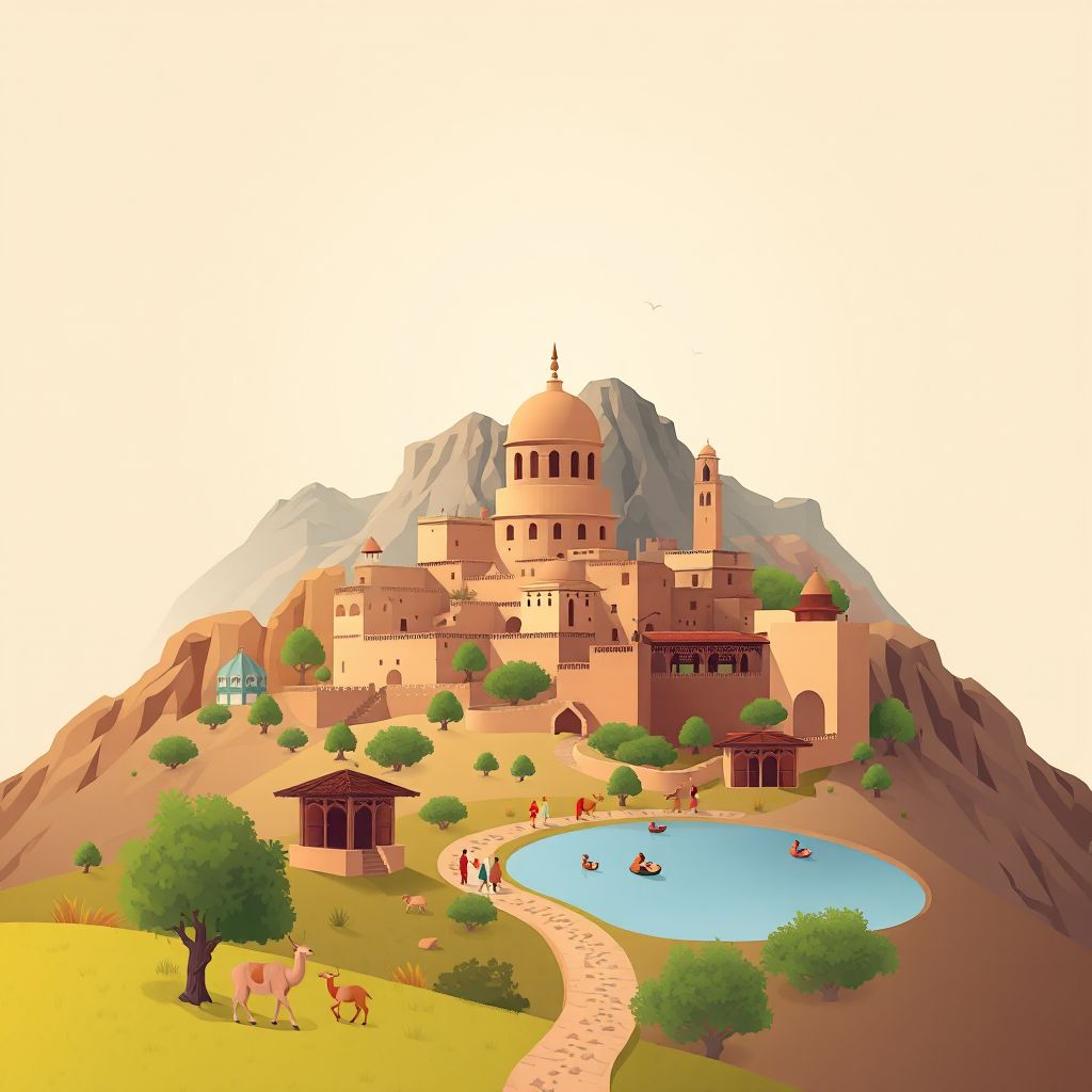 Ultra-high-definition gradient illustration of Commune d'Iferhounene, featuring Djurdjura National Park and traditional Berber architecture.