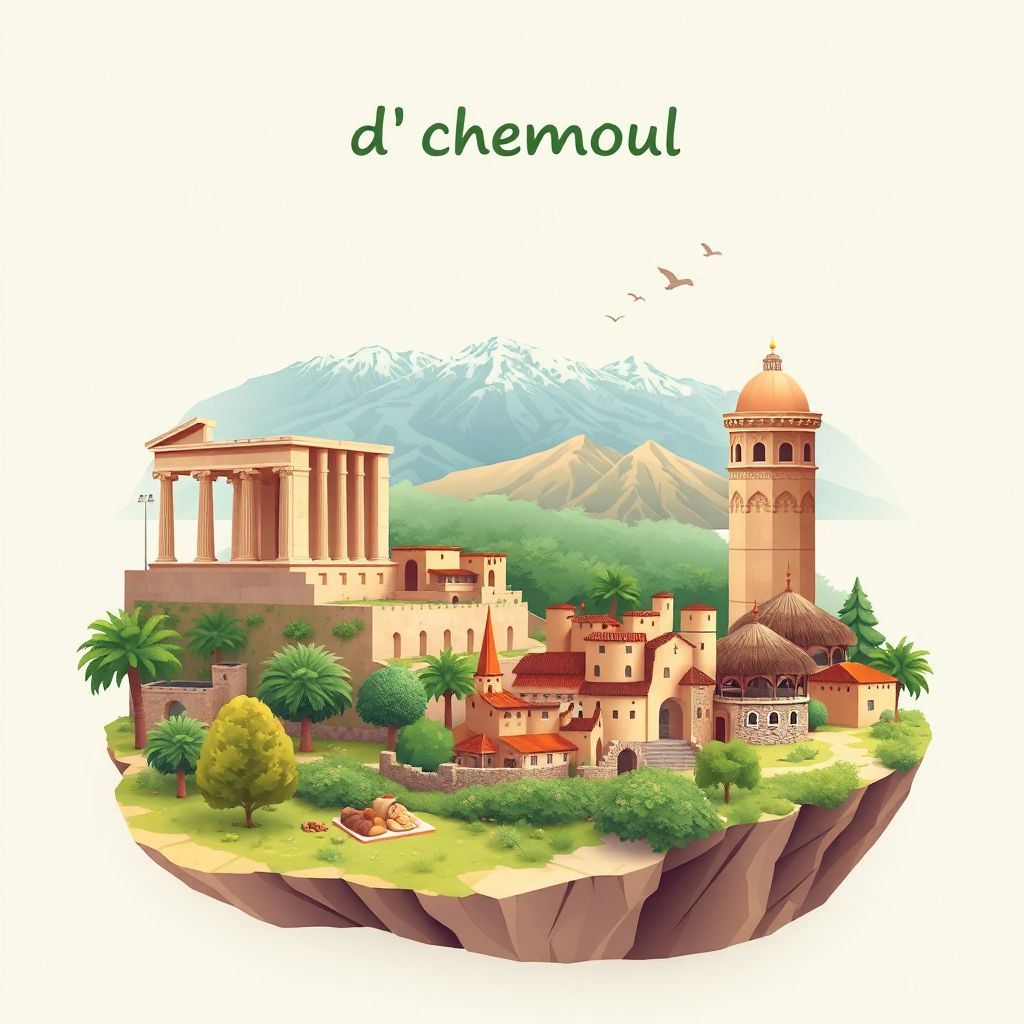 Ultra-high-definition gradient illustration style Commune d'Ichemoul illustration, showing the unique charm of the Roman ruins of Tiddis, the Aurès Mountains.