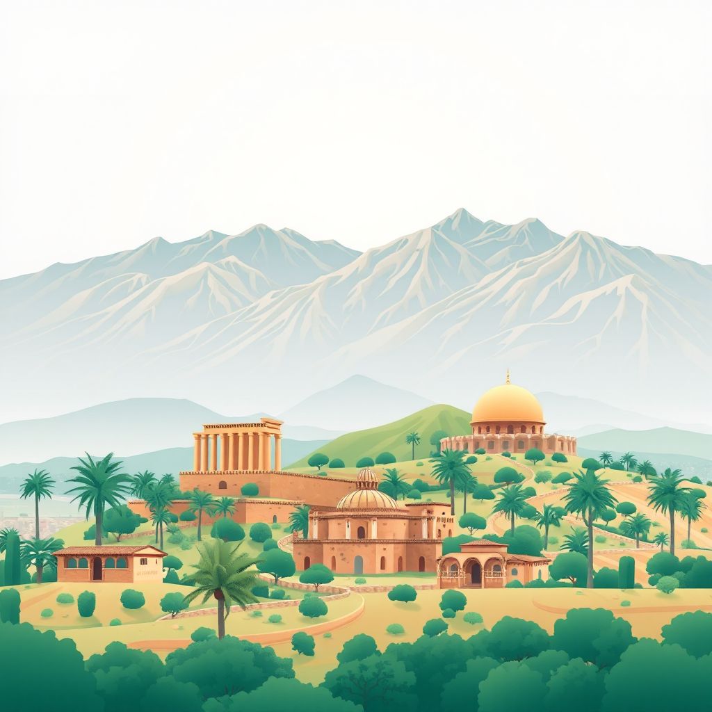 Ultra-high-definition gradient illustration style Commune de Hidoussa illustration, showing the unique charm of the Roman Ruins of Tiddis and the Aurès Mountains.