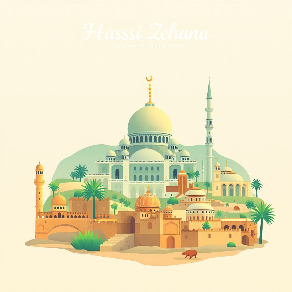 Ultra-high-definition gradient illustration style Commune de Hassi Zehana illustration, showing the unique charm of the Great Mosque of Sidi Bel Abbes, the historic ruins of Tlemcen.