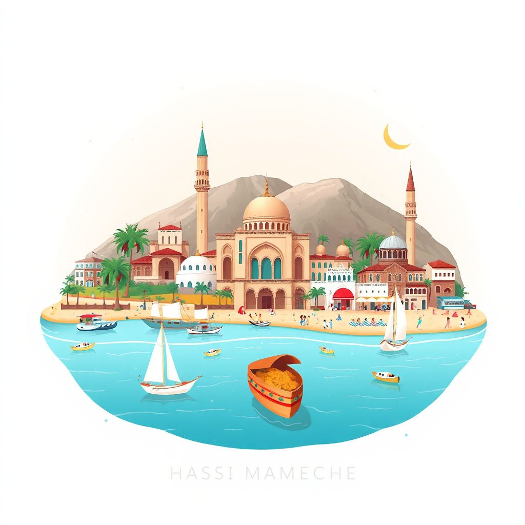 Ultra-high-definition gradient illustration style Commune de Hassi Mameche illustration, showing the unique charm of the Sidi Lakhdar Mosque, the beautiful beaches.