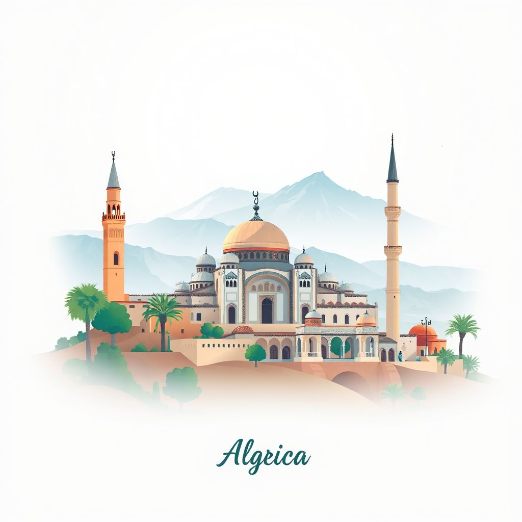 Ultra-high-definition gradient illustration style Commune de Hassasna illustration, showing the unique charm of the Ain Temouchent Mosque and the beautiful landscapes of Ain Temouchent.