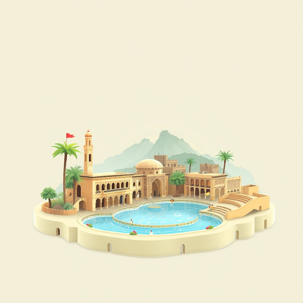 Ultra-high-definition gradient illustration style Commune de Hammam M'Bails illustration, showing the unique charm of the Hammam N'bails Thermal Baths and the ancient ruins of Guelma.