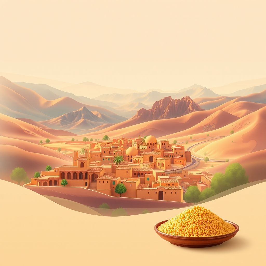Ultra-high-definition gradient illustration of Commune de Guerara, showing M'zab Valley, Beni Isguen, traditional architecture, and couscous.