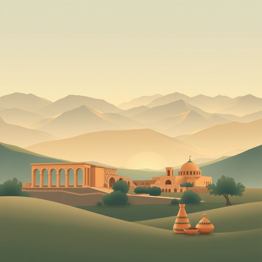 Ultra-high-definition gradient illustration of Commune de Guenzet, Algeria, featuring the ancient Roman ruins of Djemila, mountain landscapes, and local specialties like couscous and tagine.
