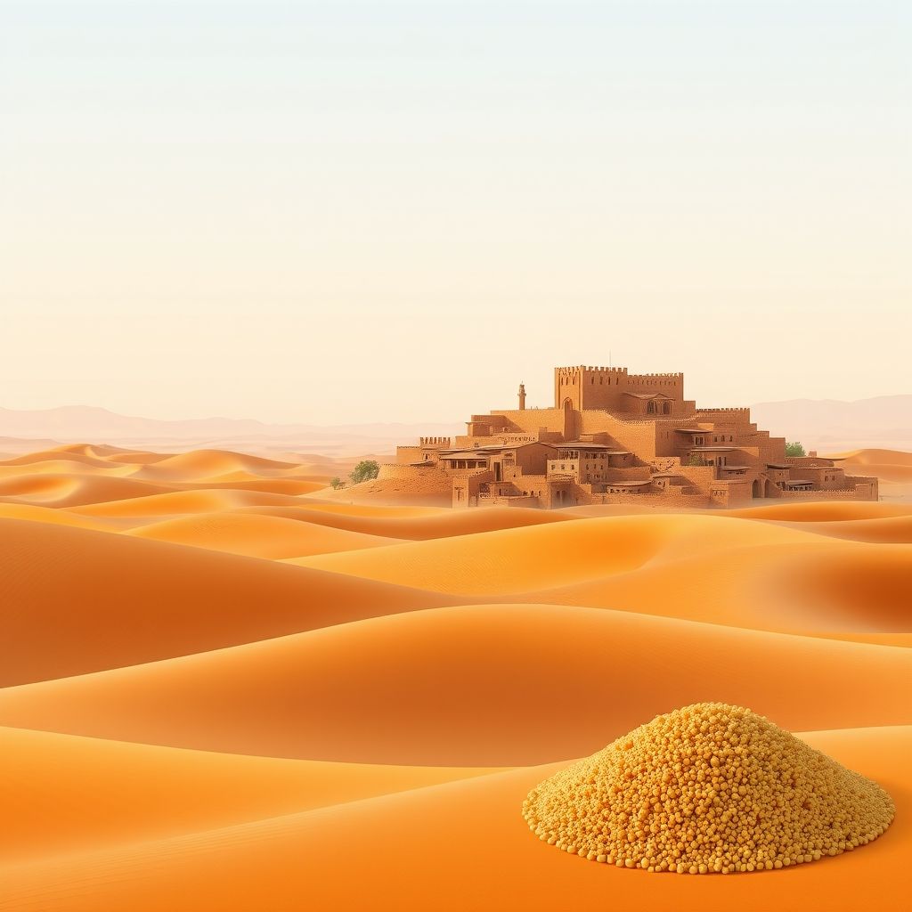 Ultra-high-definition gradient illustration of Commune de Gueltat Sidi Saad, featuring Saharan dunes, Laghouat town, mud-brick houses, the ancient Ksar, and couscous.
