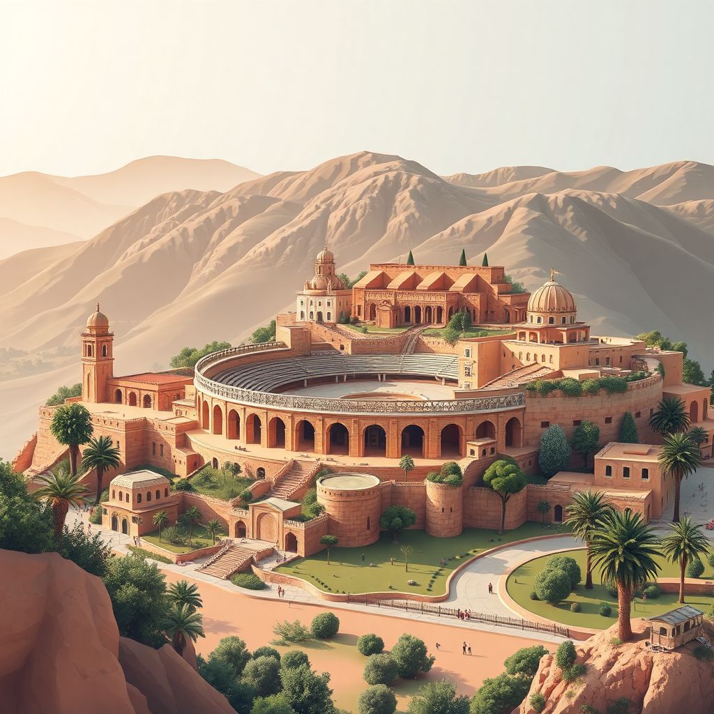 Ultra-high-definition gradient illustration of Guelma, Wilaya de Guelma, Algeria, featuring the Guelma Amphitheater, Guelma Museum, and local cuisine.