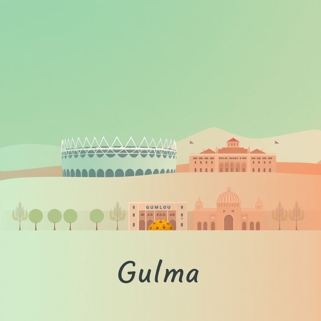 Gradient illustration of Commune de Guelma, featuring Stade 11 Décembre 1961 stadium, Guelma Museum, and couscous, highlighting Guelma's unique charm.