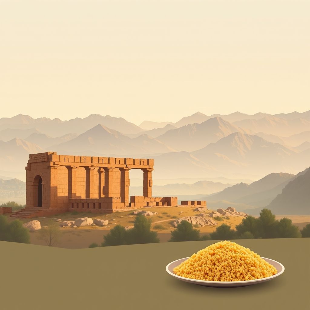 Ultra-high-definition gradient illustration of Grarem Gouga, Mila, Algeria, featuring Numidian ruins, mountain landscapes, and traditional couscous.