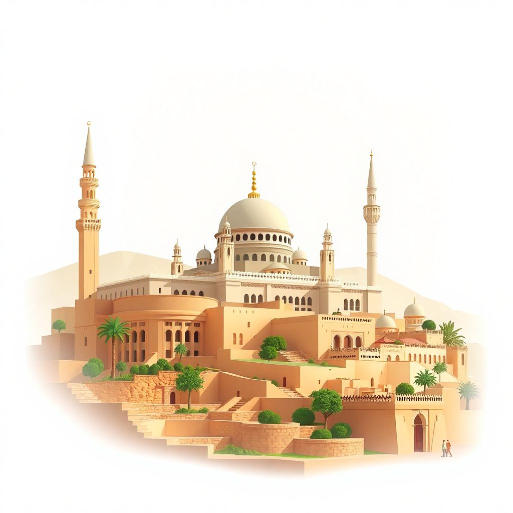 Ultra-high-definition gradient illustration style Daira de Ghazaouet, Tlemcen, Algeria, featuring the Great Mosque of Tlemcen and El Mechouar Palace.