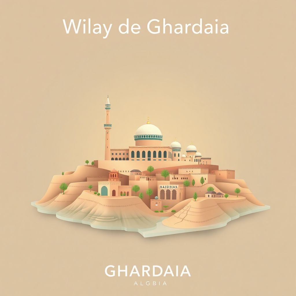 Ultra-high-definition gradient illustration of Wilaya de Ghardaia, Ghardaia, Algeria, featuring the Beni Isguen mosque and the M'Zab Valley.