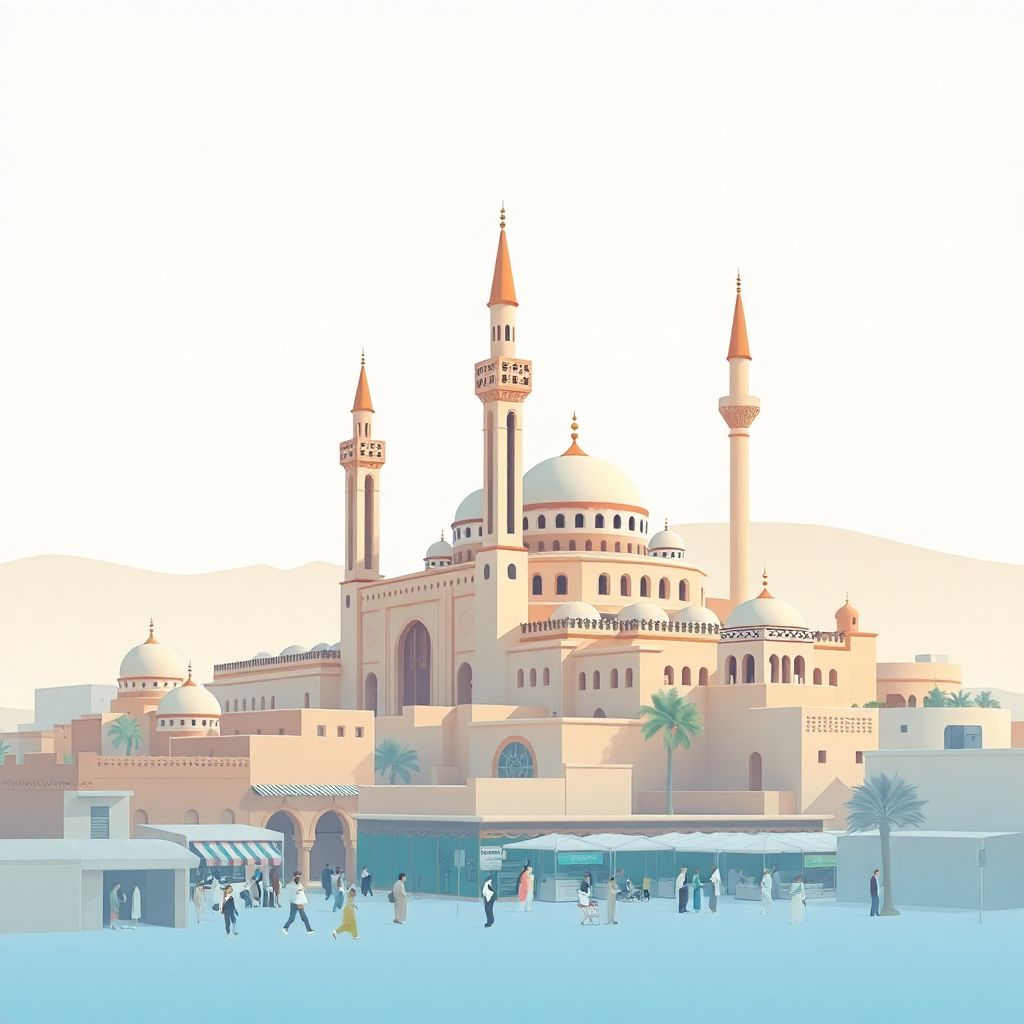 Ultra-high-definition gradient illustration style Daira de Frenda illustration, showing the unique charm of historic mosques and traditional markets.
