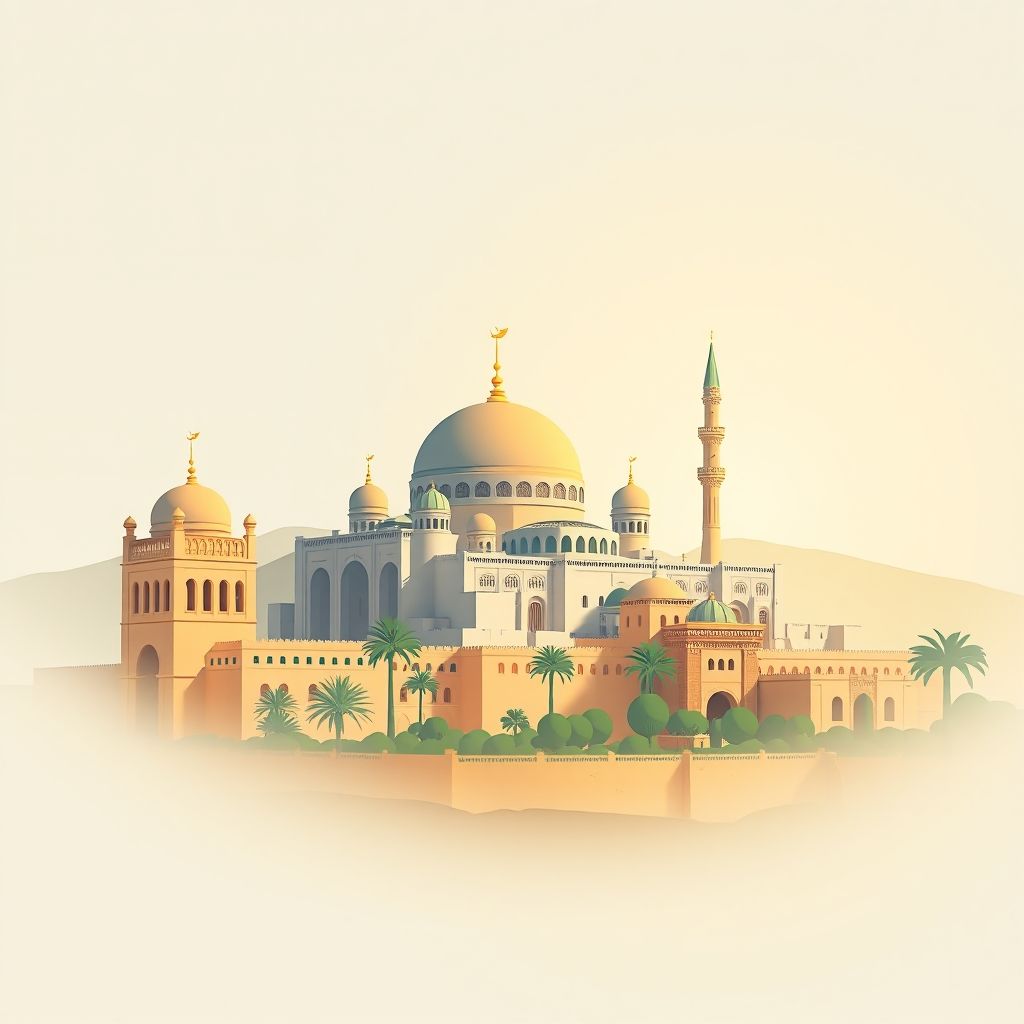 Gradient illustration of Fellaoucene, Tlemcen, Algeria with the Great Mosque and El Mechouar Palace.