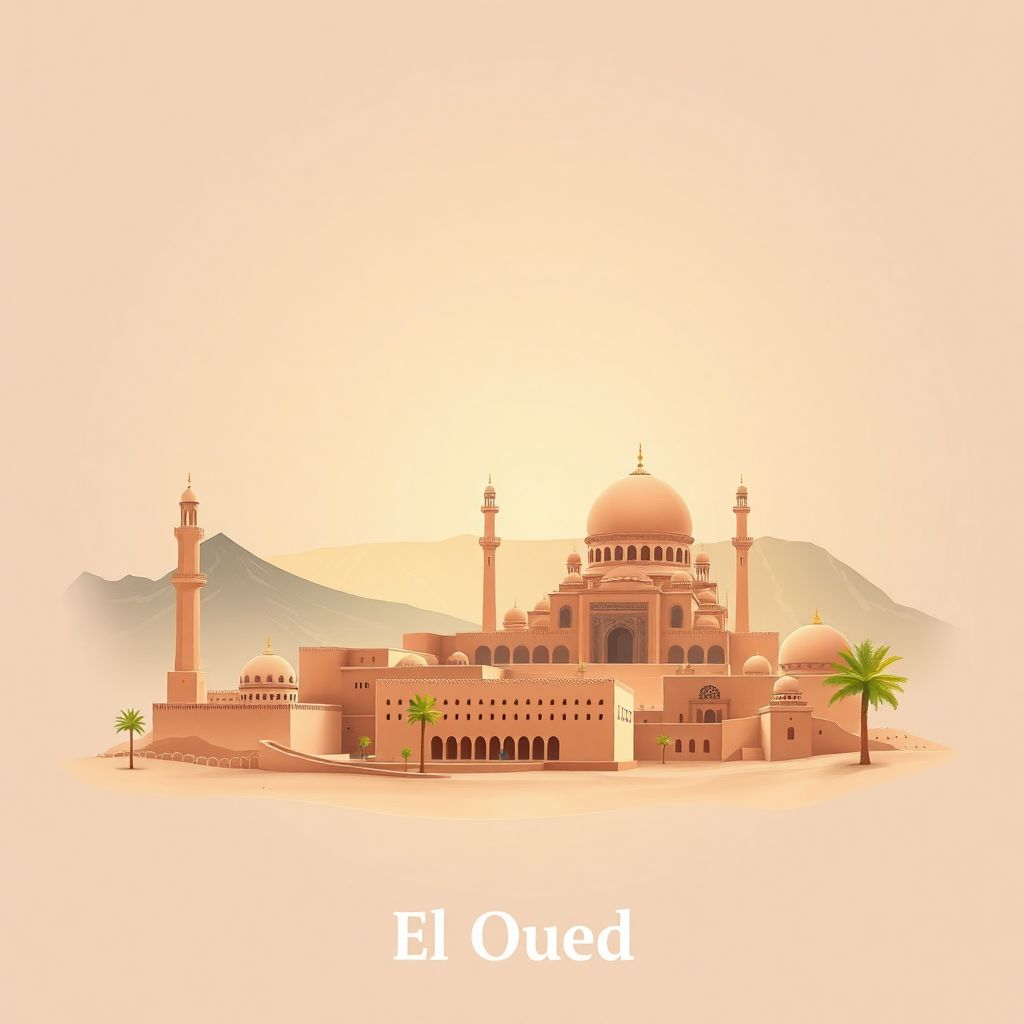 Ultra-high-definition gradient illustration style El Oued illustration, showing the unique charm of the Grand Mosque of El Oued and the Souf Oasis.