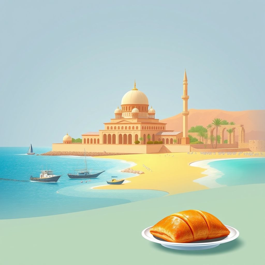 Ultra-high-definition gradient illustration of Commune d’El Hadjar, featuring King Ahmed Mosque, Mediterranean coastline, Hippo Regius ruins, and Makroudh.