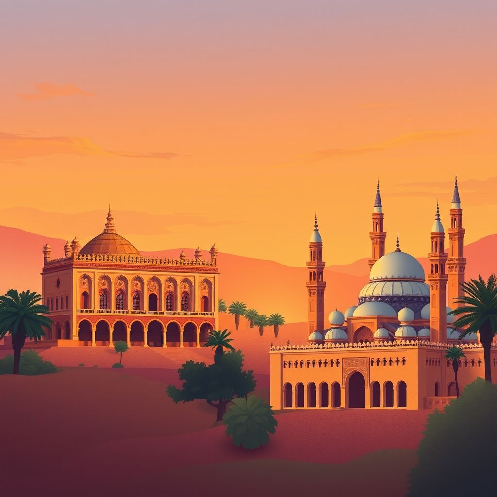 Ultra-high-definition gradient illustration of Commune d’El Gor, Daira de Sebdou, Tlemcen, Algeria, featuring El Mechouar Palace, the Great Mosque of Tlemcen, and couscous.