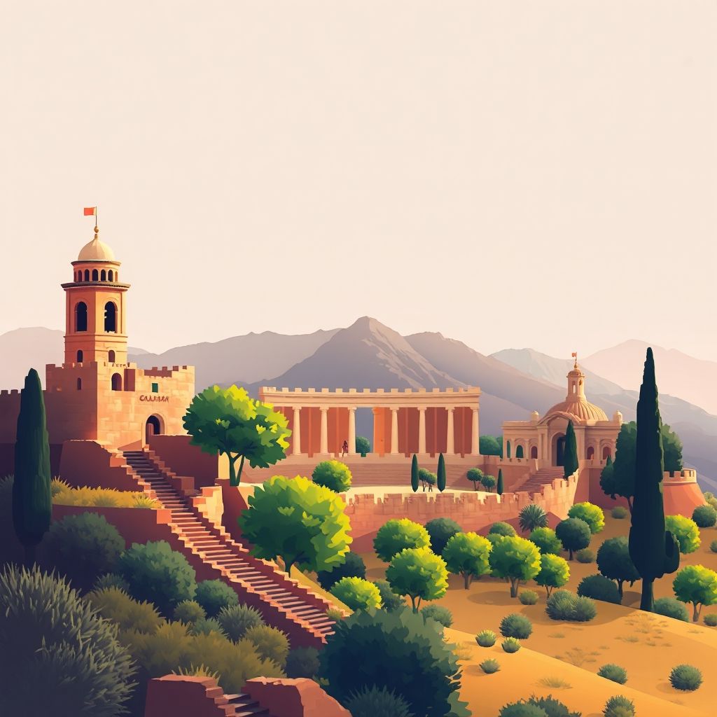 Gradient illustration of Guelma, Algeria featuring the Roman Theater, Heliopolis landscapes, and Couscous.