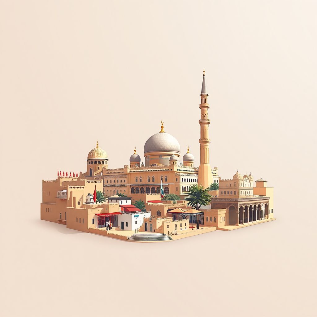 Ultra-high-definition gradient illustration style Daira d'El Eulma illustration, showing the unique charm of the El Eulma Mosque and historic marketplaces.