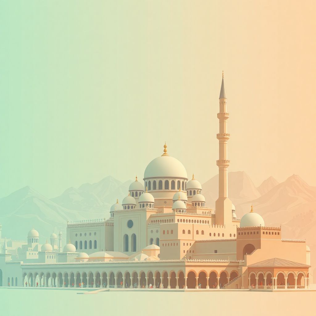 Ultra-high-definition gradient illustration style El Bayadh illustration, showing the unique charm of the Grand Mosque of El Bayadh, the historic El Bayadh market, and the Saharan Atlas Mountains.