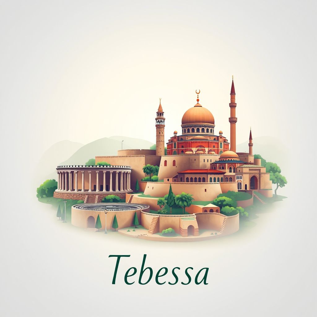 Ultra-high-definition gradient illustration style Tebessa illustration, showing the unique charm of the Roman Theatre, the Byzantine walls, and the El Aouinet Mosque.