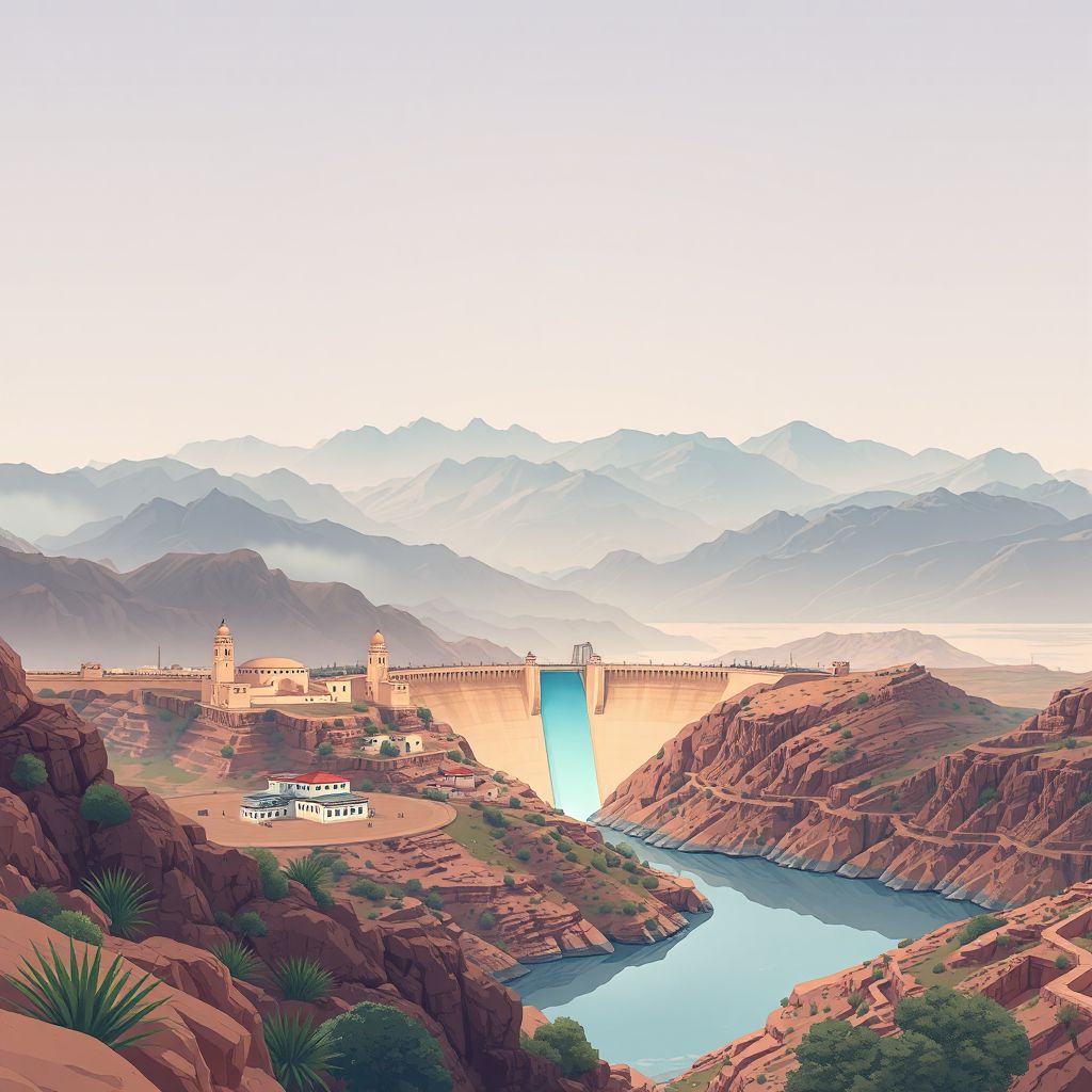 Ultra-high-definition gradient illustration style Daira de Draa el Mizan illustration, showing the unique charm of the Draa El Mizan Dam and the Atlas Mountains.
