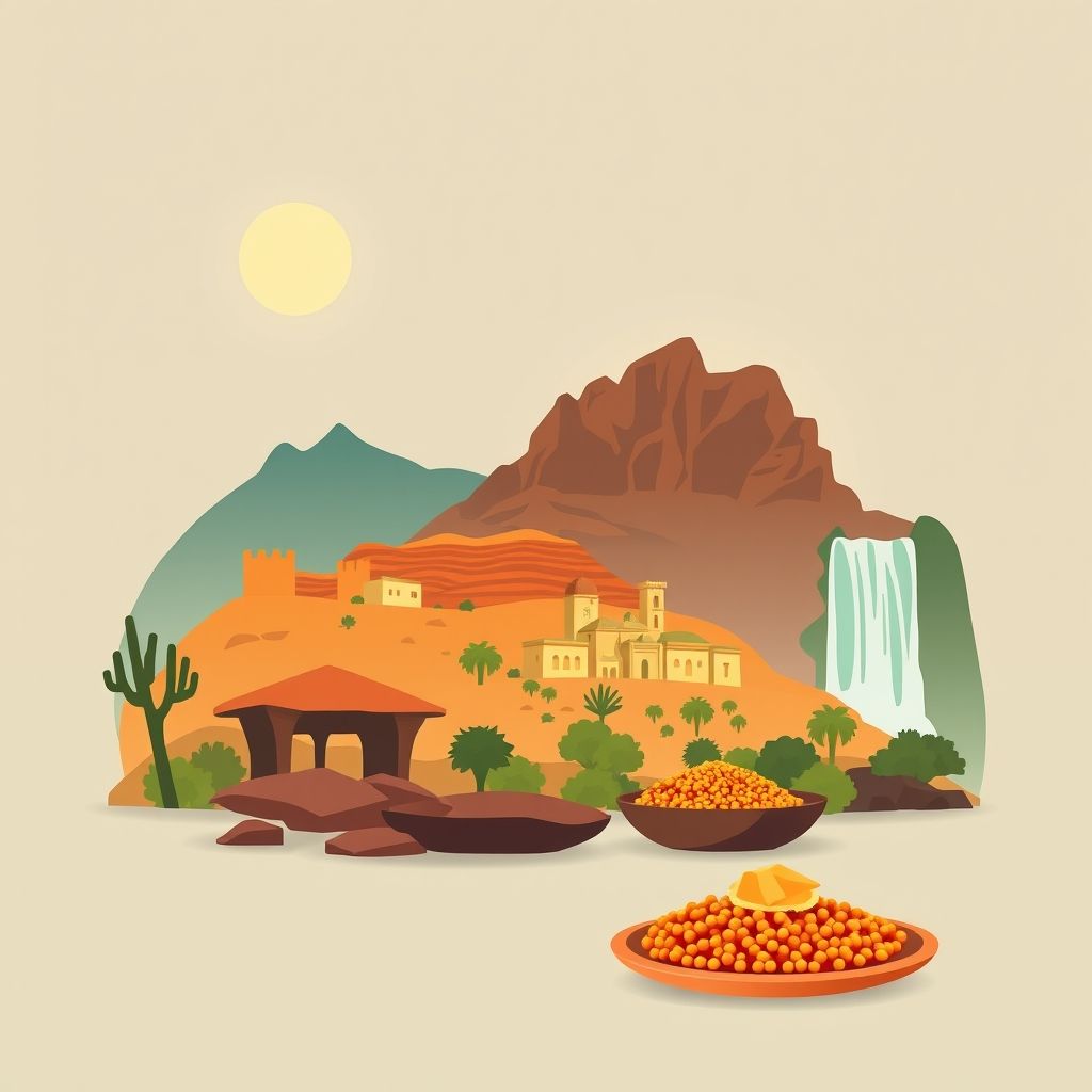 Ultra-high-definition gradient illustration of Commune de Draâ Ben Khedda, featuring Djurdjura National Park, Makouda waterfalls, and couscous, showcasing the region's unique charm.