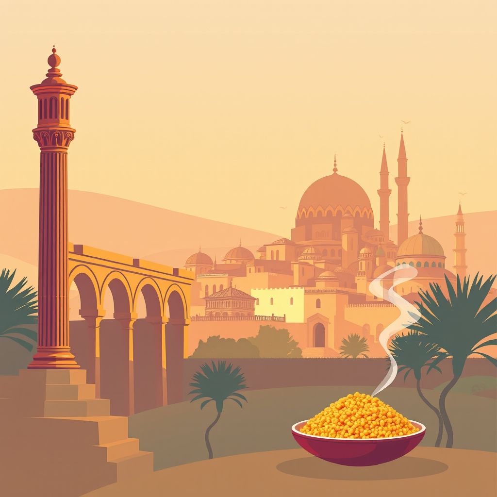 Ultra-high-definition gradient illustration of Commune de Djillali Ben Amar, Mechraa Sfa, Tiaret, Algeria, featuring Roman ruins, historic mosques, Berber textiles, and couscous.