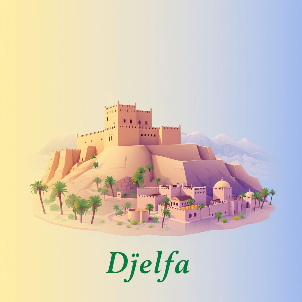 Ultra-high-definition gradient illustration style Djelfa illustration, showing the unique charm of the Djelfa Fortress, Saharan Atlas Mountains, and traditional Algerian couscous.