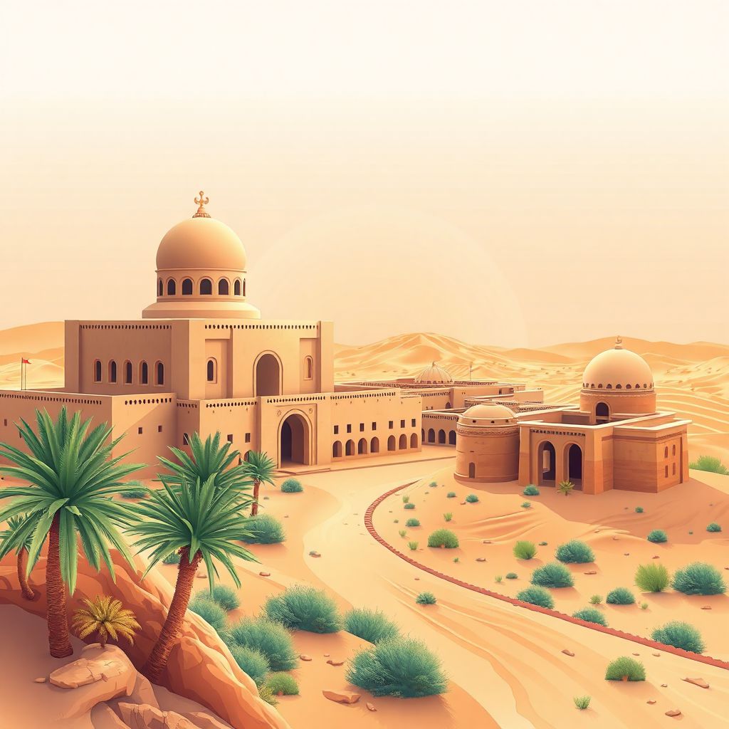Ultra-high-definition gradient illustration style Daira de Djelfa artwork, featuring the Djelfa Museum and the Sahara Desert.